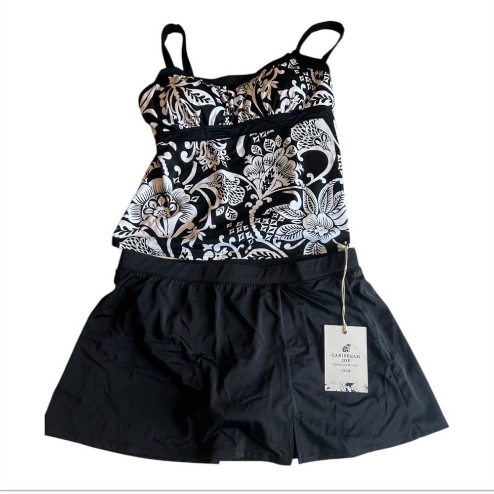 Caribbean Joe Black and White Floral Tankini